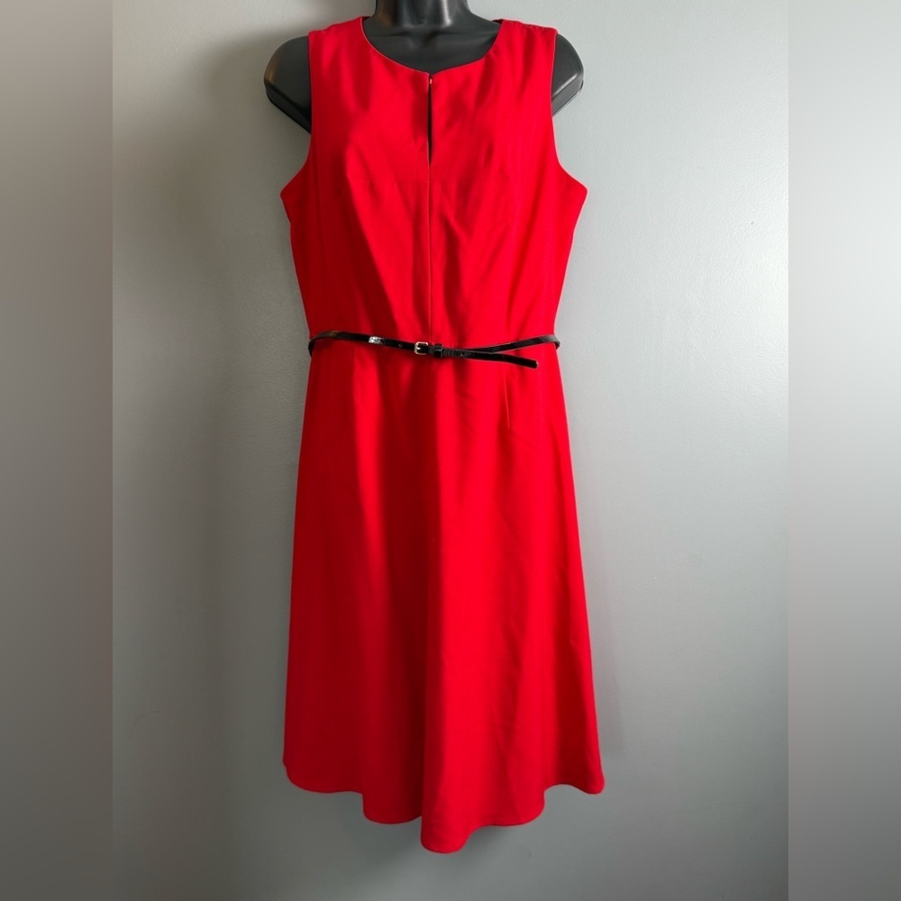 Calvin Klein Sleeveless Bold Red Midi Dress With Black Patent Leather Belt Sz M
